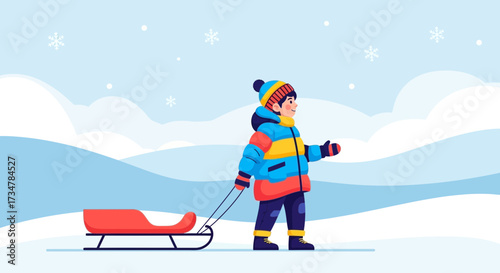 A young child enjoys a winter day pulling a sled in a snowy, wintery landscape