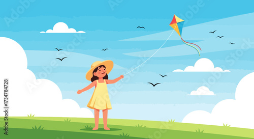 A young girl playing in the green landscape with a kite on a beautiful sunny day