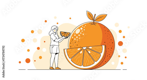 A Young Lady Holding Fresh Orange Slices Next to a Large Vibrant Fruit