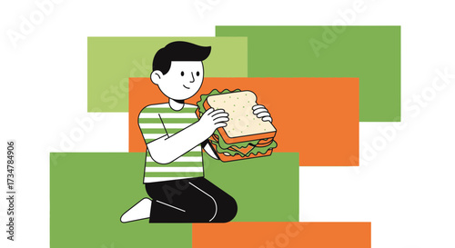 A young person holding a vibrant sandwich illustration with abstract background