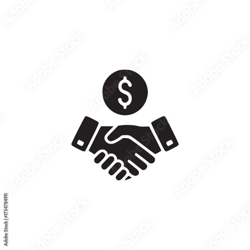 Vector art of a handshake with a dollar coin above it, , signifies a successful business deal and financial agreement, representing partnership, investment, and mutual benefit in commerce and finance