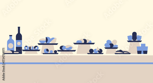 Abstract Display Illustrating Food And Drink Items In A Minimalist Graphic Style