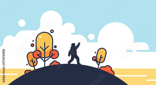 Abstract illustration of a person walking on a hill in nature exploring