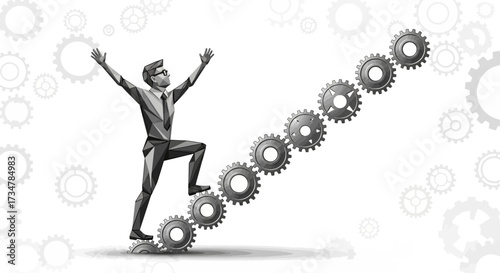 Abstract Illustration Of A Businessman Climbing A Staircase Made Of Gears, Reaching High