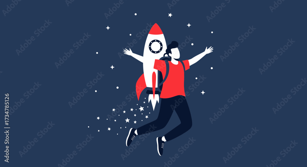 Naklejka premium Achieve Goals With Determination: A Person Embarks on a Rocket Launch Upward