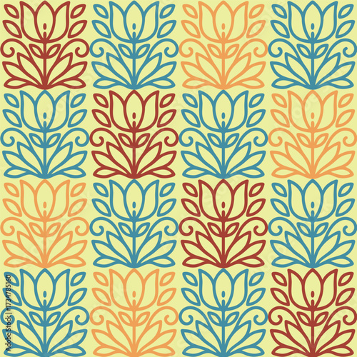 A colorful floral pattern with a yellow background. The flowers are in various shades of blue, red, and yellow. The pattern is intricate and detailed, with each flower having its own unique design