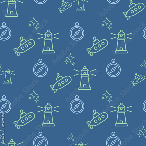 A blue and green pattern of various sea vessels and a compass. The pattern is made up of different shapes and lines, giving it a playful and whimsical feel. The use of bright colors