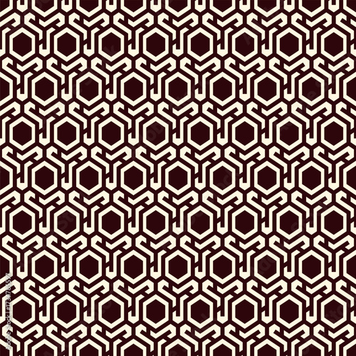 Honeycomb seamless pattern. Hexagon mosaic tiles ornament. Ethnic surface print. Repeated geometric figures background. Ornamental wallpaper. Modern geo design digital paper. Vector abstract work.