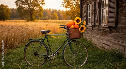 Vintage bicycle with basket of pumpkins and sunflowers in autumn field  