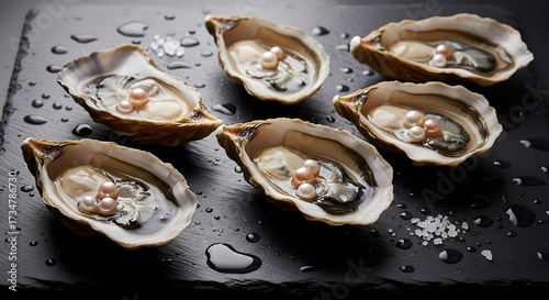 Oysters on dark surface with natural pearls inside.