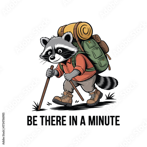 Cartoon raccoon hiker with backpack and trekking poles