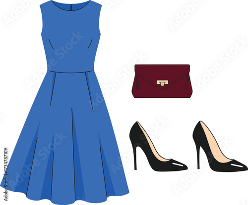 Elegant blue dress with black high heels and red clutch handbag fashion illustration for stylish women outfit designElegant blue dress with black high heels and red clutch handbag fashion 