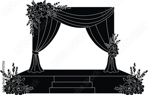 Elegant wedding stage arch silhouette with floral decorations, draped curtains, romantic backdrop design for ceremony and celebration events.