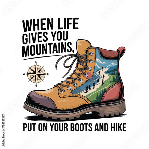 Hiking boot with mountain landscape and compass illustration