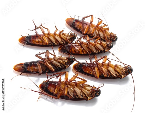 Close-up of dead cockroaches on a white background, top view, pest control concept