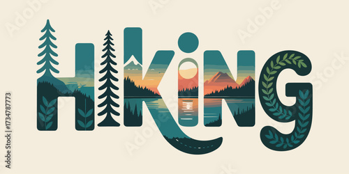 Word HIKING filled with a serene lake and mountain landscape