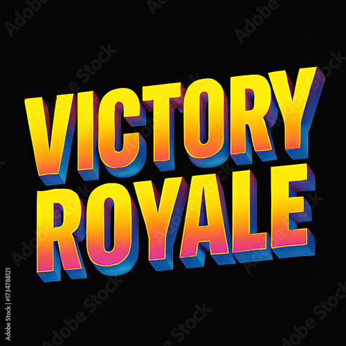 Experience the thrill of ultimate gaming triumph with this vibrant 'Victory Royale' 3D text graphic. Its striking yellow-orange gradient & cool blue-pink shadows embody epic wins in battle royale game