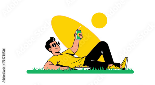 Animated Illustration of a Relaxing Person Enjoying Outdoor Leisure and Refreshments