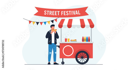 Animated Illustration Of Person Enjoying Hot Dog At Street Food Festival