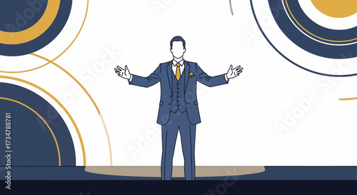 Animated Presentation Of A Businessperson Standing In Open Arms On A Futuristic Stage