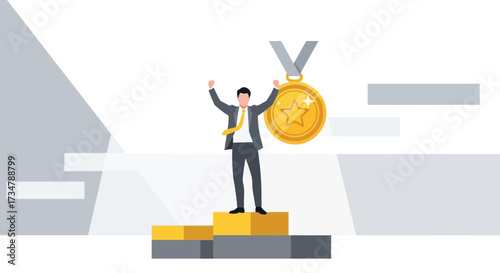Achievement And Success: Celebrating A Win With A Gold Medal And Elevated Status