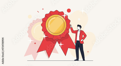 Achievement Illustration: Businessman Celebrating Success with Golden Medal and Red Ribbon Banner