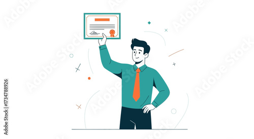 Achievement Recognition Illustration Depicting a Businessman Holding a Certificate of Completion