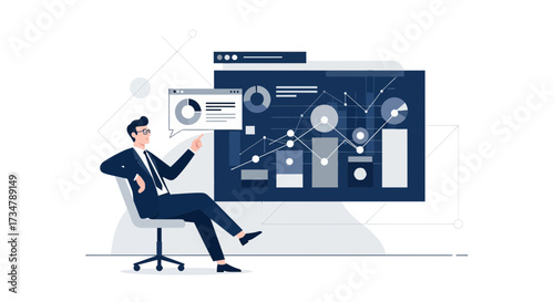 Business Analyst Points at Data Visualizations on a Large Screen Depicting Financial Insights