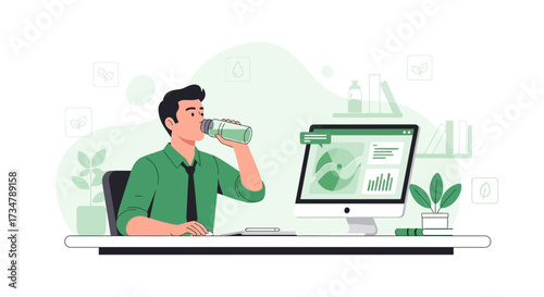 Business Analyst Hydrating at Desk  Working with Data Analysis Visualization Concept