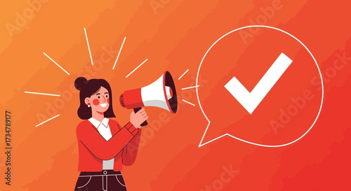 Announcing Positive Verification Woman Holding Megaphone, Confirmation is Approved Solution