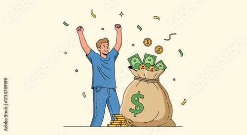 Achieving Financial Success: Happy Winner Celebrating Wealth and Abundance with Money