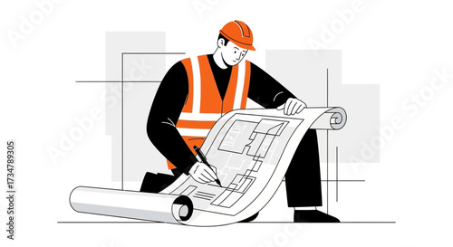 Architect studying blueprints, construction worker with a construction plan, engineering design
