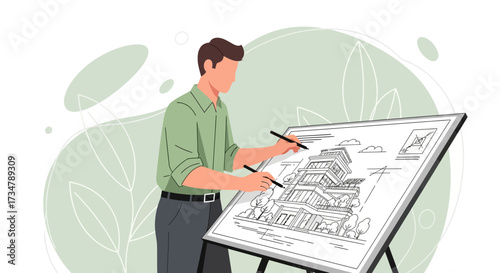 Architect sketching a building design on a drawing board conceptual illustration