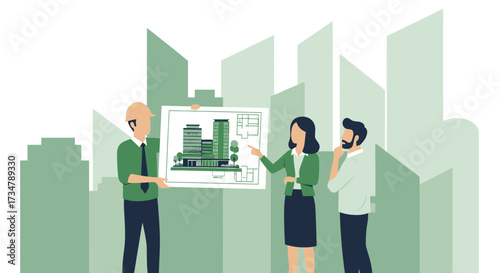 Architects discussing a new building project plan with a city background design