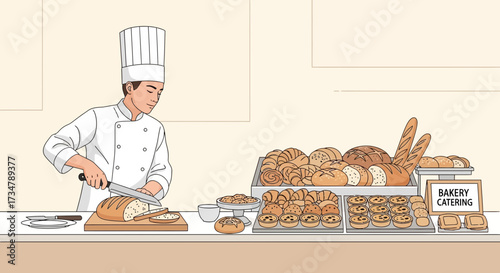 Artisan Baker Slicing Freshly Baked Bread, Bakery Display, Catering Available for Events