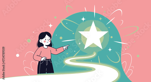 Achieving Ideals: A Woman Indicates A Radiant Star Above A Clear Path Towards Success