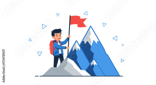 Achieving Peak: A Determined Figure Plants a Flag atop Rugged Mountain Terrain