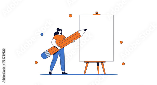 Artist Ready To Start Creative Process With Large Pencil and Blank Canvas Idea