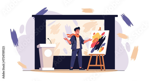 Artist Showcasing Displayed New Art Piece During Creative Presentation at Podium