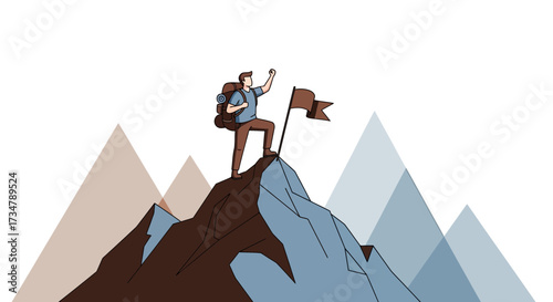 Achieving Peak Success: Mountaineer Celebrates Triumph At Mountain Summit With Flag