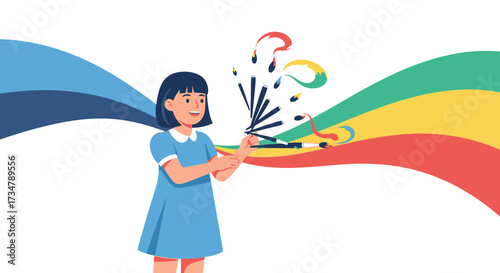 Artistic Child Creating Colorful Abstract Art With Paintbrushes and Vibrant Strokes
