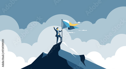 Achieving Success: A Business Professional Plants Flag Atop Mountain Peak Over Clouds