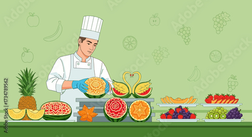 Artistic Chef Skillfully Crafts Exquisite Fruit Carvings for Culinary Presentation