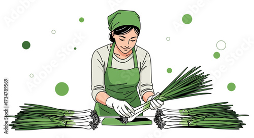 Artistic Depiction Of A Woman Preparing Fresh Spring Onions For Culinary Use