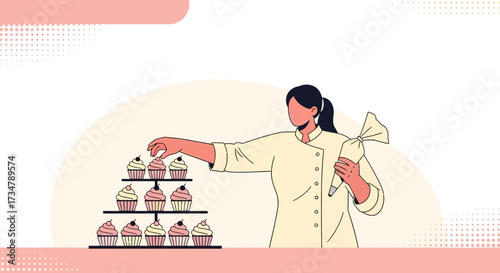 Artistic Confectioner Decorating Cupcakes with Icing Bag on a Baking Stand Presentation