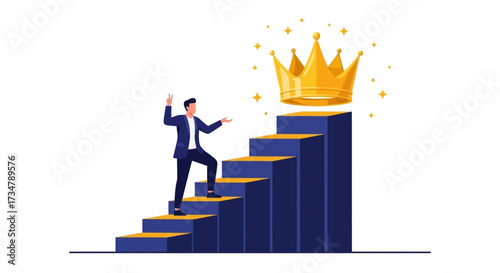 Achieving Success: A Businessman Ascends Steps Towards Awarding Success With A Crown