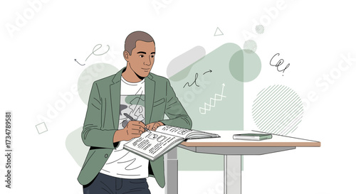 Artistic illustration of a man writing in a notebook at a desk with modern design elements