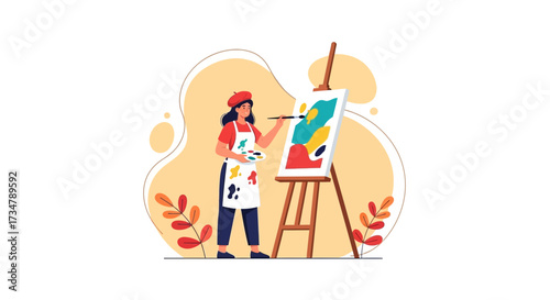 Artistic Woman Painting Abstract Art In Studio With Brush And Color Palette