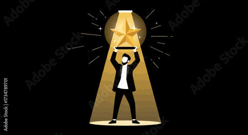 Achieving Success: A Person Illuminated by Spotlight Holding Up A Star Symbol