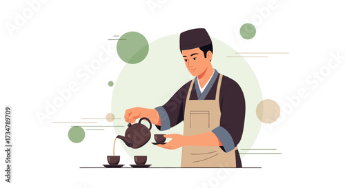 Asian Man Pouring Tea Preparing Tea Ceremony Tea Service Illustration